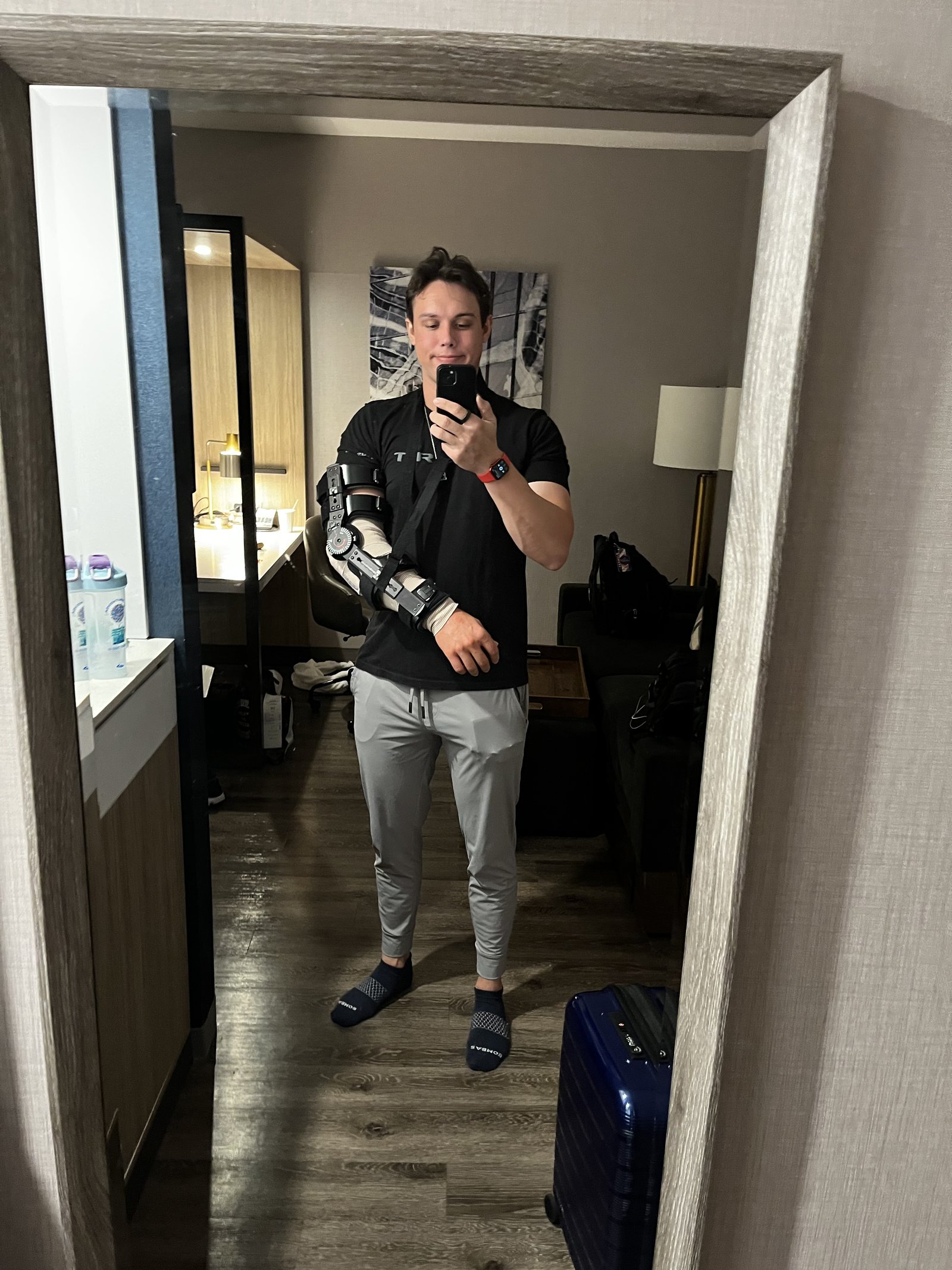 Jackson wearing a post-surgery brace the day after Tommy John surgery
